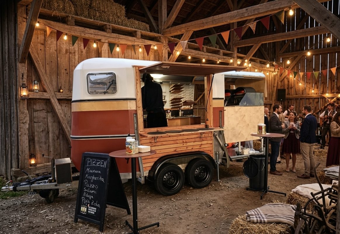 Pizza-Trailer Setup in einer Scheune mit Lichterketten