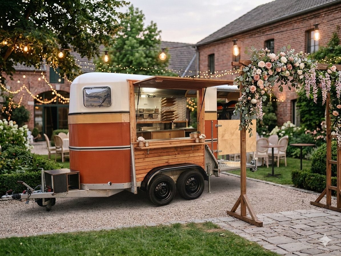 Jonis Catering Pizza-Trailer auf einer Hochzeitslocation mit Lichterketten